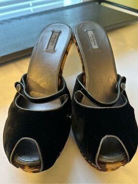 Prada Vintage Leopard Print Calf Hair Black Velvet Wedge Mules 39.5 EUR 9-9.5 US